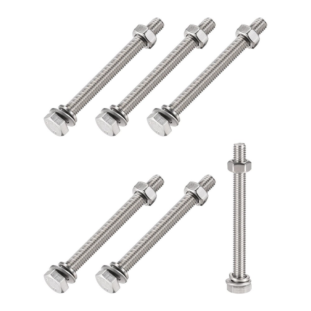 M6x80mm Hex Head Screws, Bolts, Nuts, Flat & Lock Washers Kit - 6 Sets for Secure Fastening and Durable Assembly