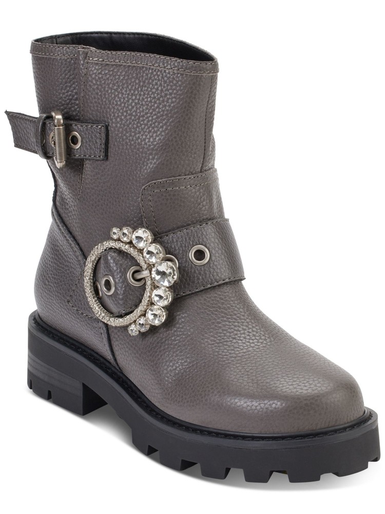 KARL LAGERFELD PARIS Womens Gray Marceau Block Heel Leather Boots Shoes 7.5 M