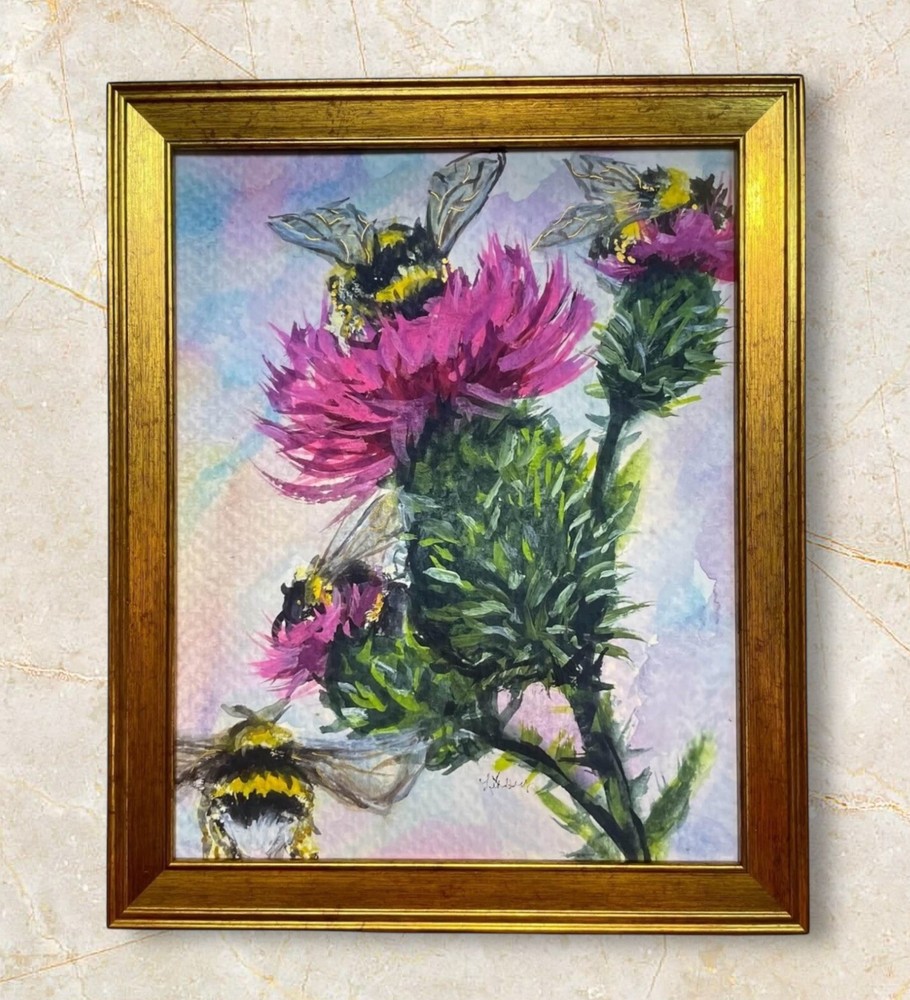 Bumblebees & thistles, framed 8”x 10” print of my original painting