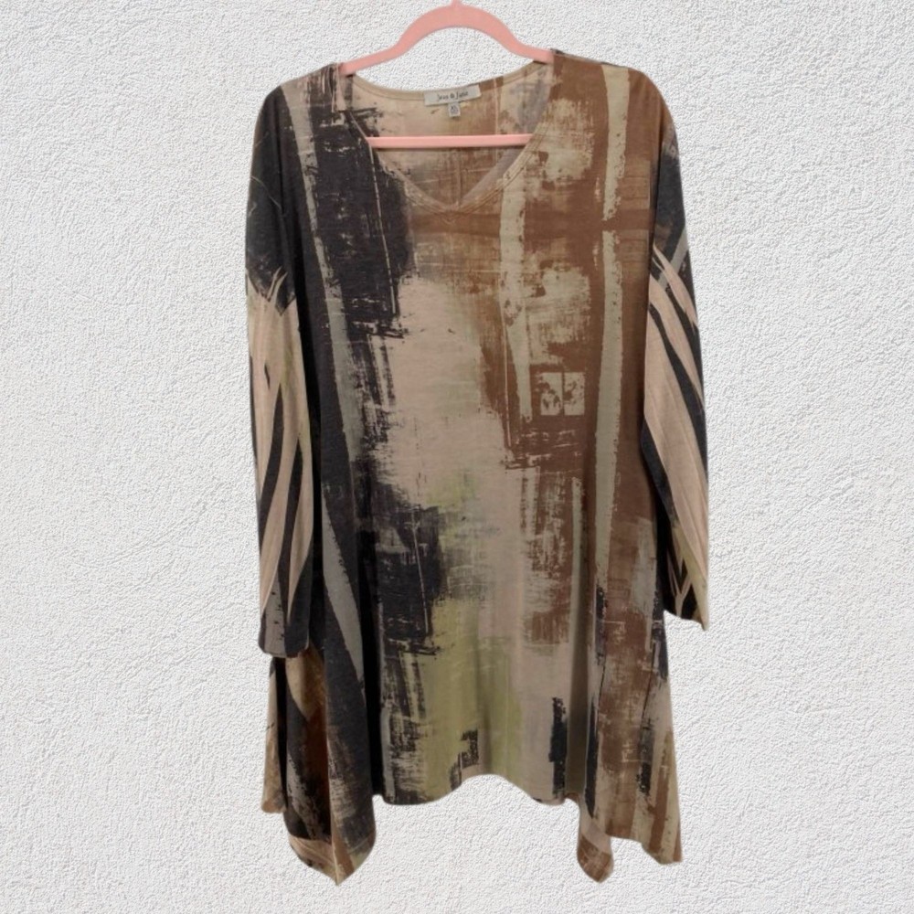 Jess and Jane Tunic Top Women XL Abstract Print V Neck 3/4 Sleeve USA Artsy
