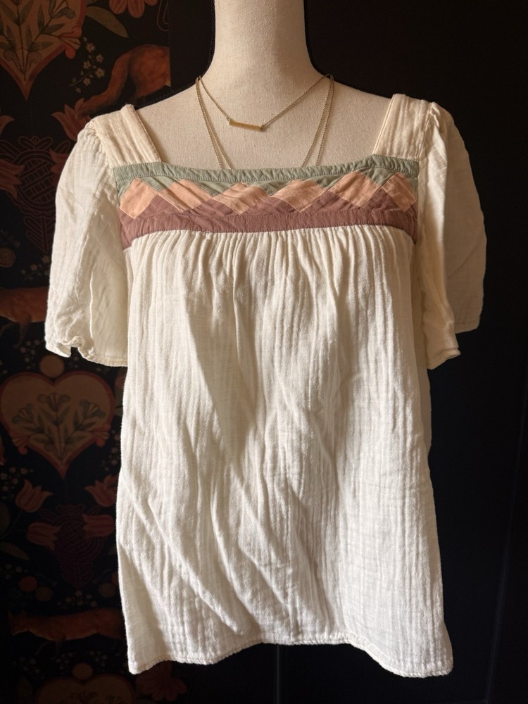Madewell Women’s Cream Patchwork Cotton Gauze Top Size L Green Boho Coral