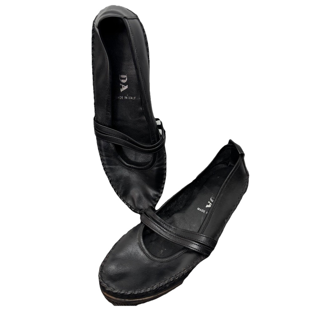 Prada Mary Jane Flats Womens 39 Black Leather Made in Italy Ballerina Shoes