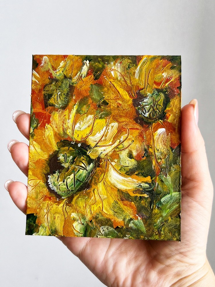 Small Sunflowers Acrylic Painting Impressionist Floral Artwork 4x5 Inches