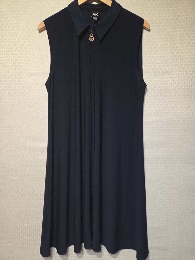 Anne Klein AK Sleeveless A-Line Shift Dress XL Navy Gold Zip Pull Collared