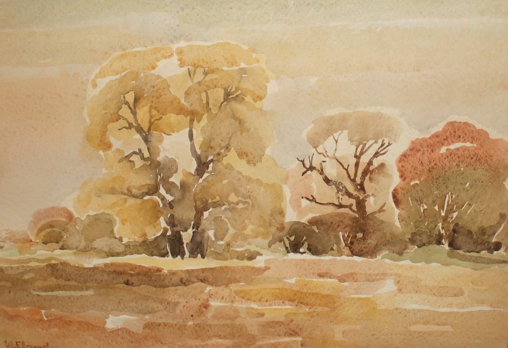 Vintage expressionist watercolor painting landscape trees signed