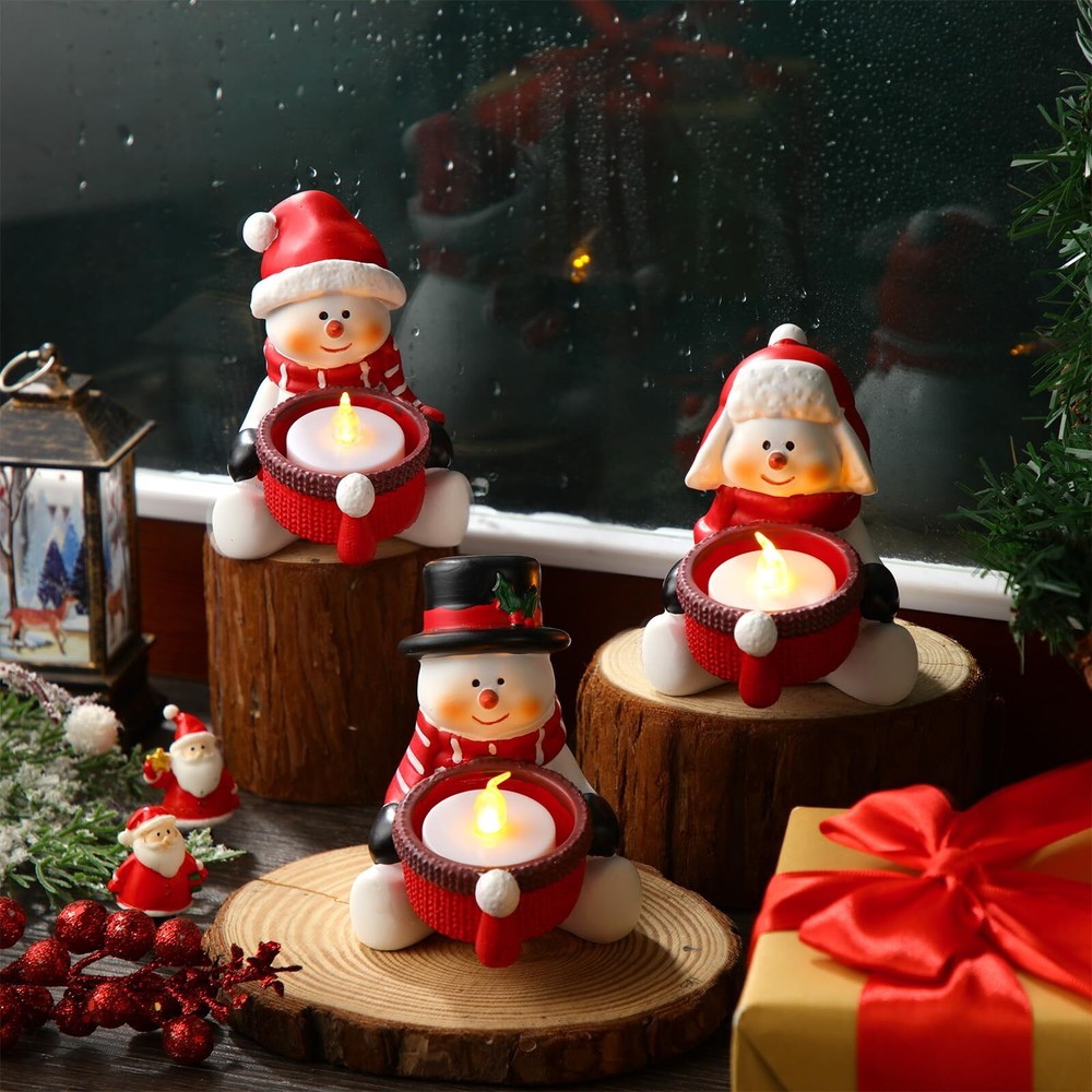 Mumufy 3 Pcs Christmas Snowman Candle Holders Resin Tealight Holder Set Chris...