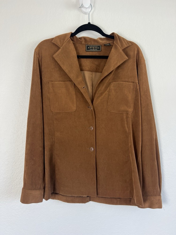 Express Vintage Faux Suede Brown Button Down Top Large Long Sleeve Western Boho