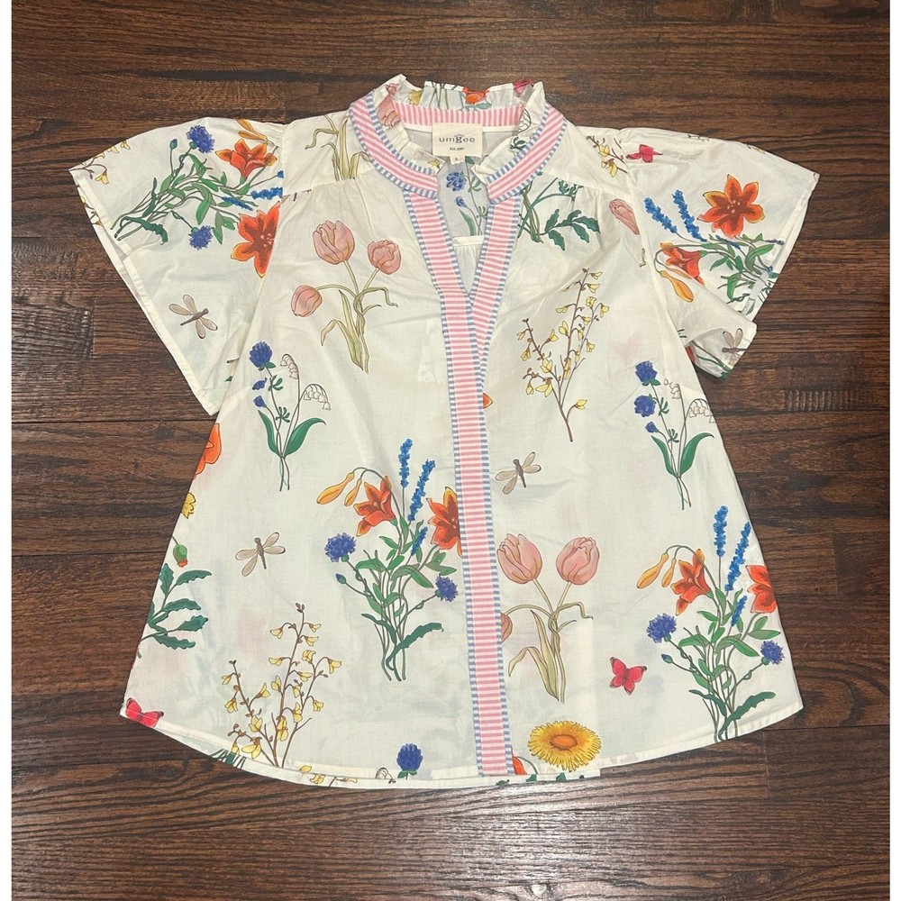 Umgee women's flowy summer spring floral short sleeve short top blouse small
