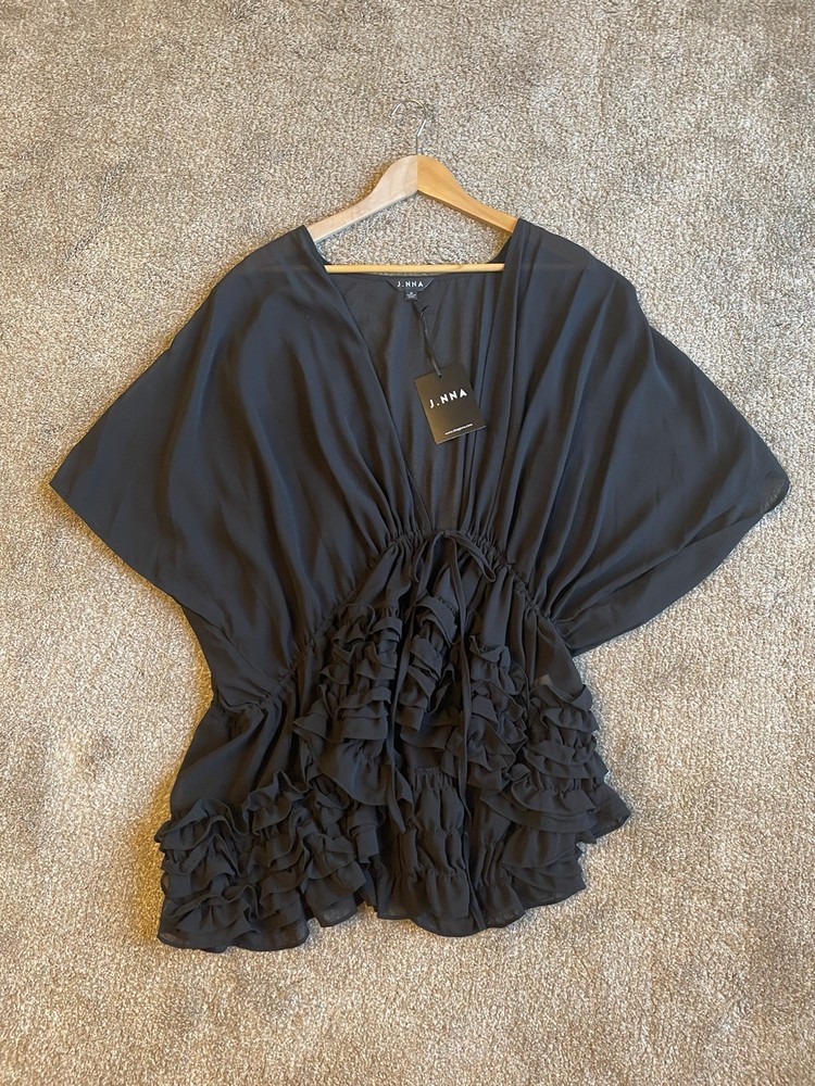 J.NNA Black Ruffled Kaftan/Beach Cover Up Sheer Mesh Size M Whimsigoth Romantic