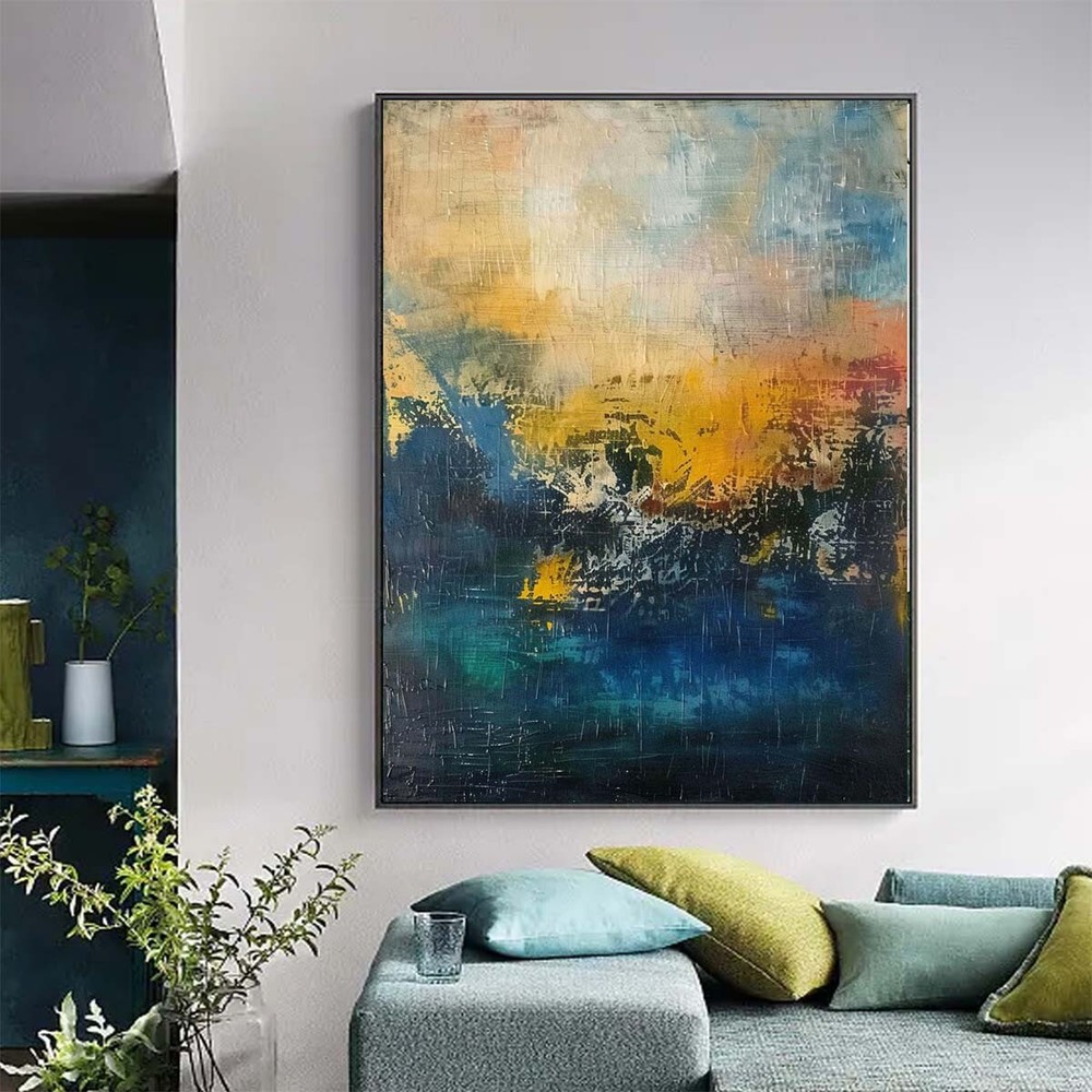 Original Blue hand painted Oil Painting Abstract Modern Decoration Room yellow