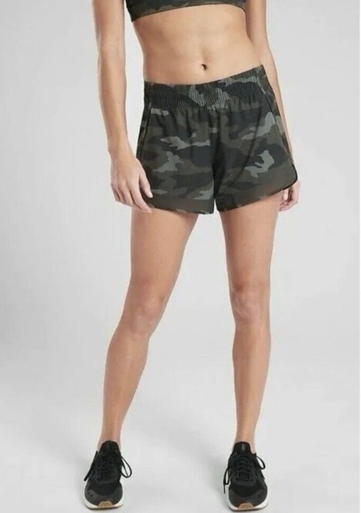 Athleta Women’s Mesh Racer Run Shorts Olive Camo Print 4