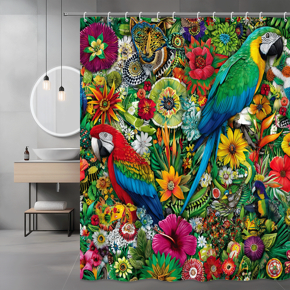 Tropical Parrot Floral Shower Curtain, Colorful Bird Print