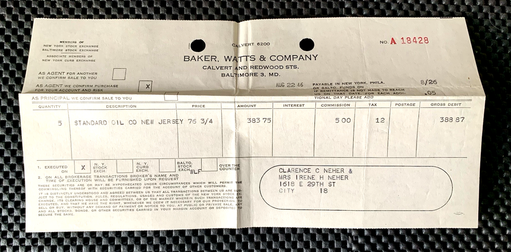 BAKER, WATTS, AND COMPANY STOCK PURCHASE RECEIPT STANDARD OIL CO NEW JERSEY 1946
