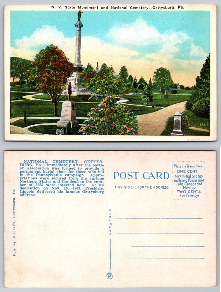 N.Y. State Monument Gettysburg National Cemetery PA Postcard Blocher's