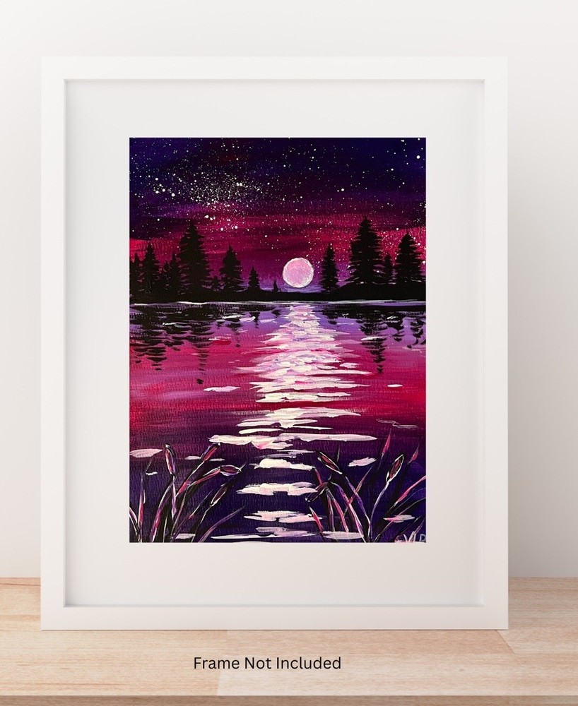 Magenta Night Moon Glow Lake VLP Original Acrylic 9x12 Heavy Paper Signed COA