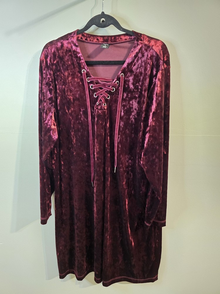 Crushed Velvet Burgundy Midi Dress Boho Fairycore Witchy Lace Up 2X Whimsygoth