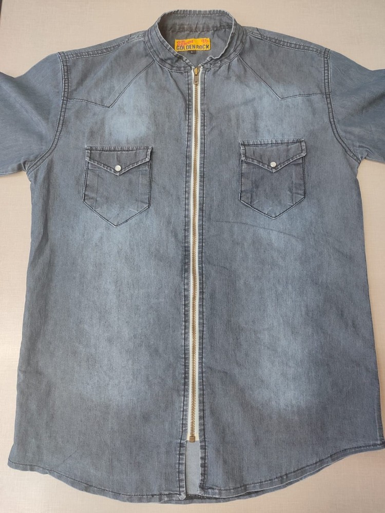 Men's Zip Up Shirt L Grey Blue Denim Cotton Lightweight Summer Mandarin Collar