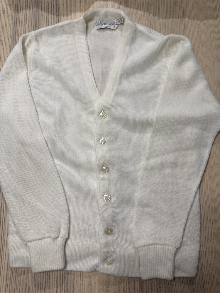 Vintage 60s Westwood White Orlon Acrylic V Neck Cardigan Knit Sweater Medium