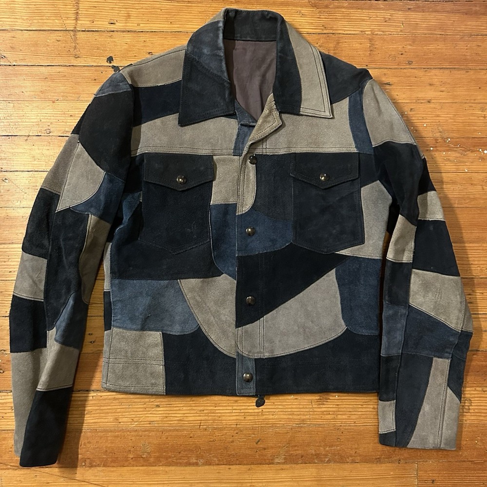 Vintage 1960s 1970s Leather Patchwork Suede Button Up Trucker Jacket Size M