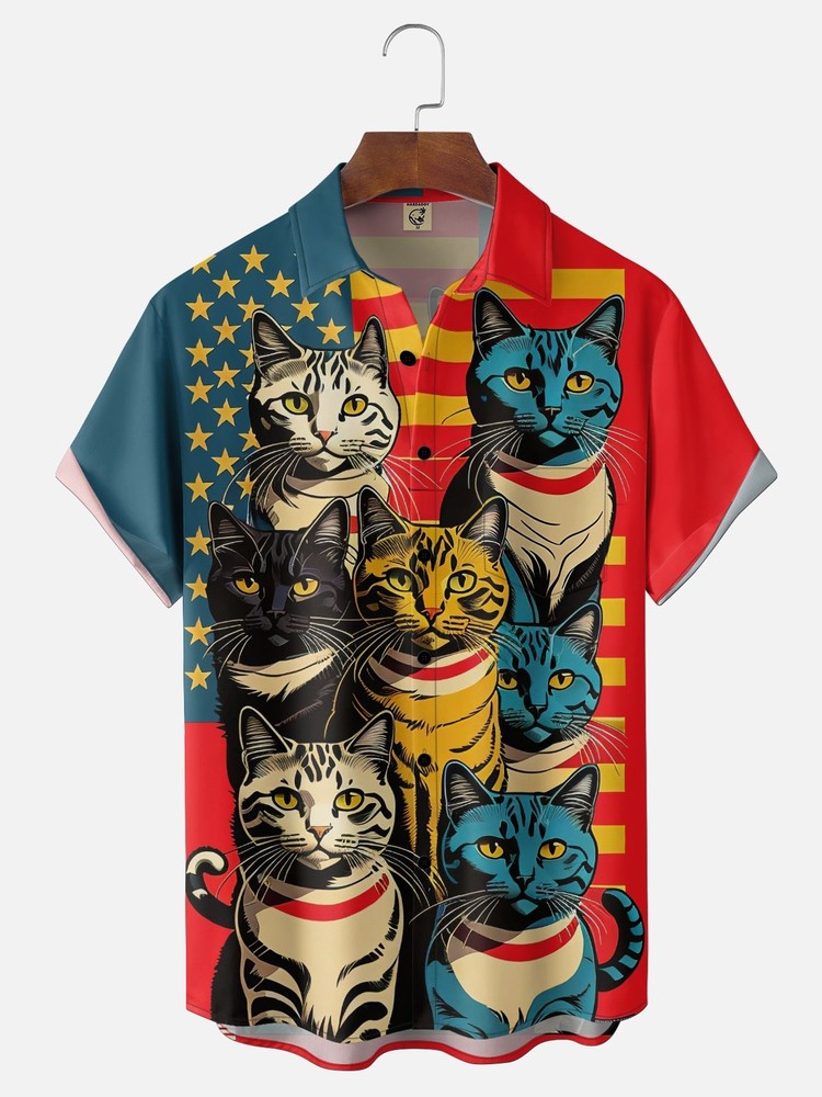 American Flag Cat Chest Pocket Holiday Shirt