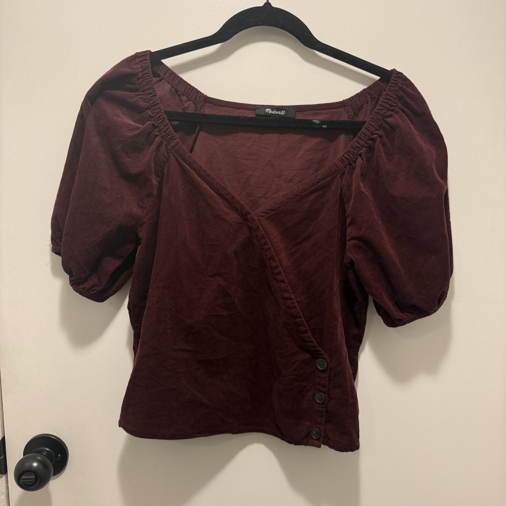 Madewell Corduroy Wrap Top Blouse Puff Sleeve Burgundy XSMALL 100% Cotton