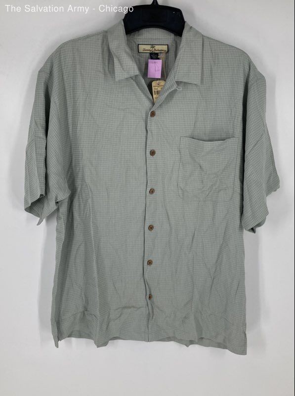Tommy Bahama Mens Green White Silk Short Sleeve Button-Up Shirt Size L