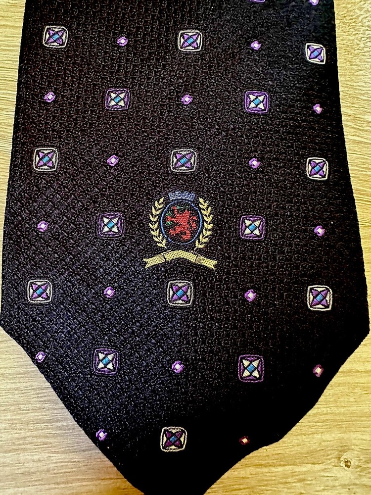 Vintage Crest Emblem Silk Necktie Black Purple Gold Geometric Pattern Tie