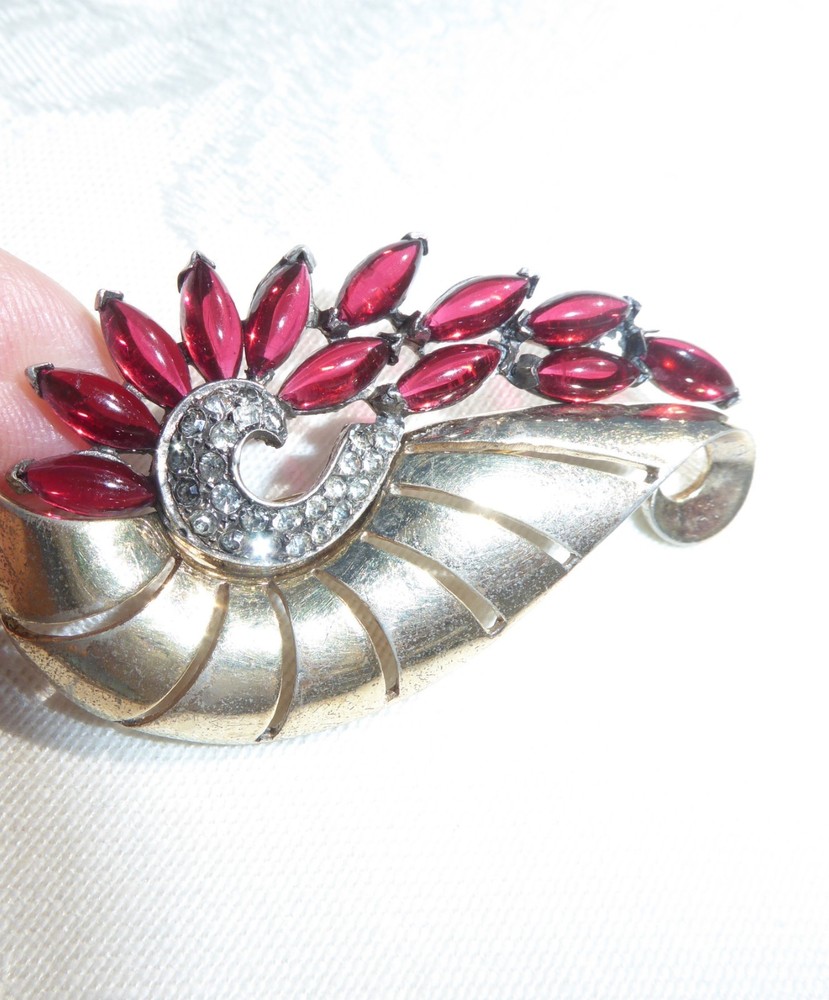 Unsigned Marcel Boucher? STERLING Gold TONE RED CLEAR GLASS RHINESTONE BROOCH