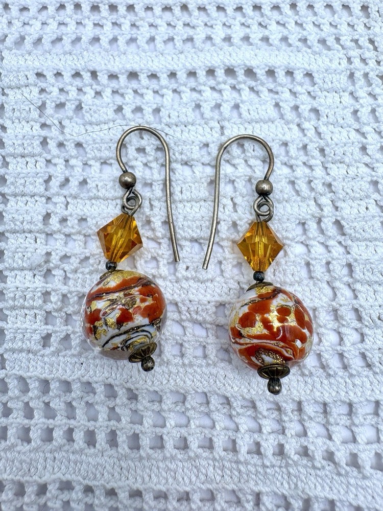 Vintage Italy Venetian Sommerso Art Glass Gold Foil Bead Dangle Earrings