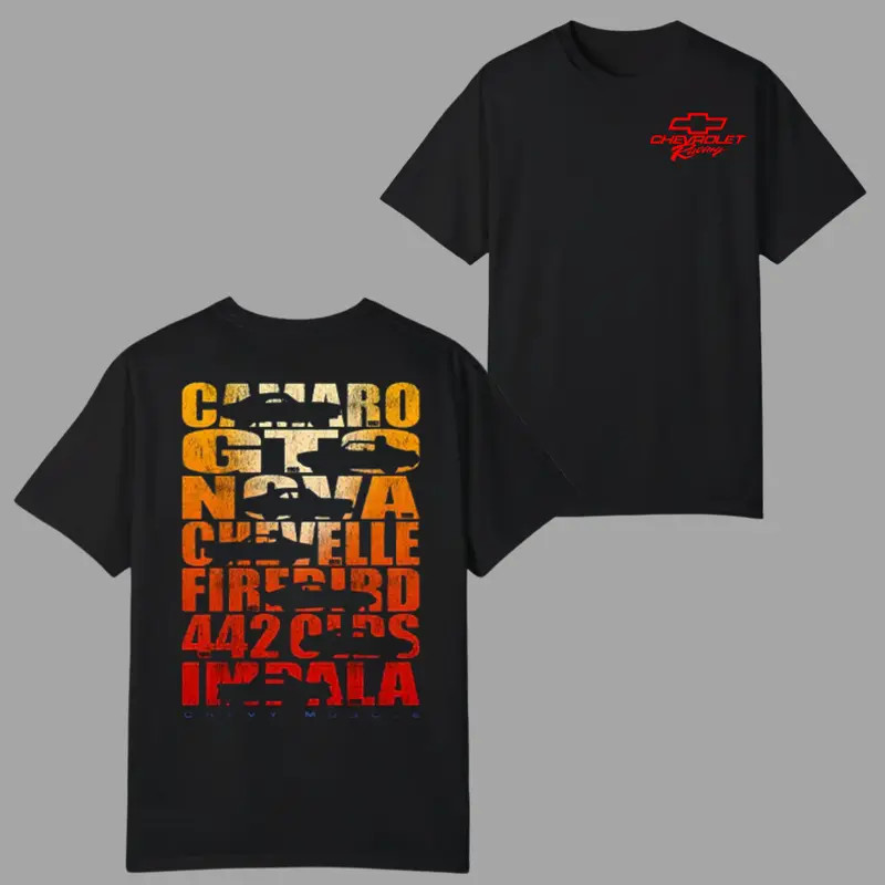 Chevy Muscle Car T-shirt, 2 Sides Graphic Tee with Camaro, GTO, Nova, Firebird,