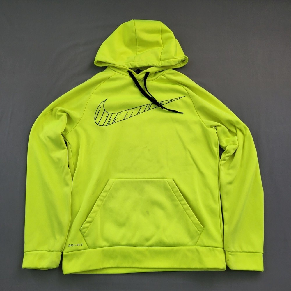 Nike Sweater Mens Small S Long Sleeve Dri Fit Hooded Hoodie Swoosh Neon Yellow *