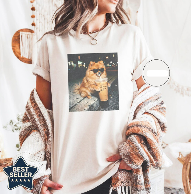 Funny Pomeranian Drinking Iced Coffee Shirt, Animal Meme Tee, Dog Lover Gift