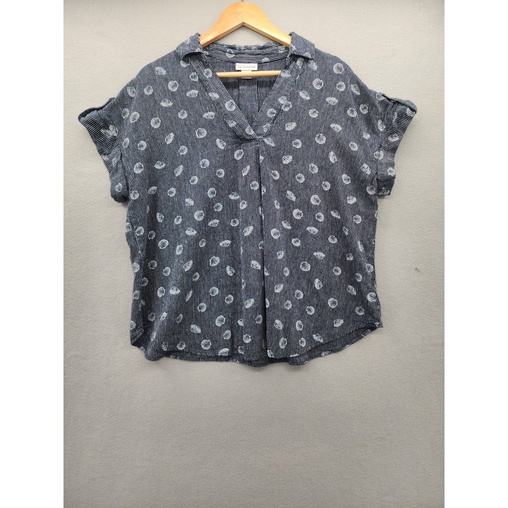 Liz Claiborne Navy Striped Seashell Print Blouse Short Sleeve V-Neck Top Large