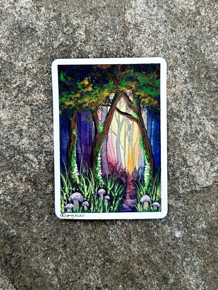 Following The Light-Original Watercolor/Gouache ACEO Painting 2.5x3.5 ATC Card