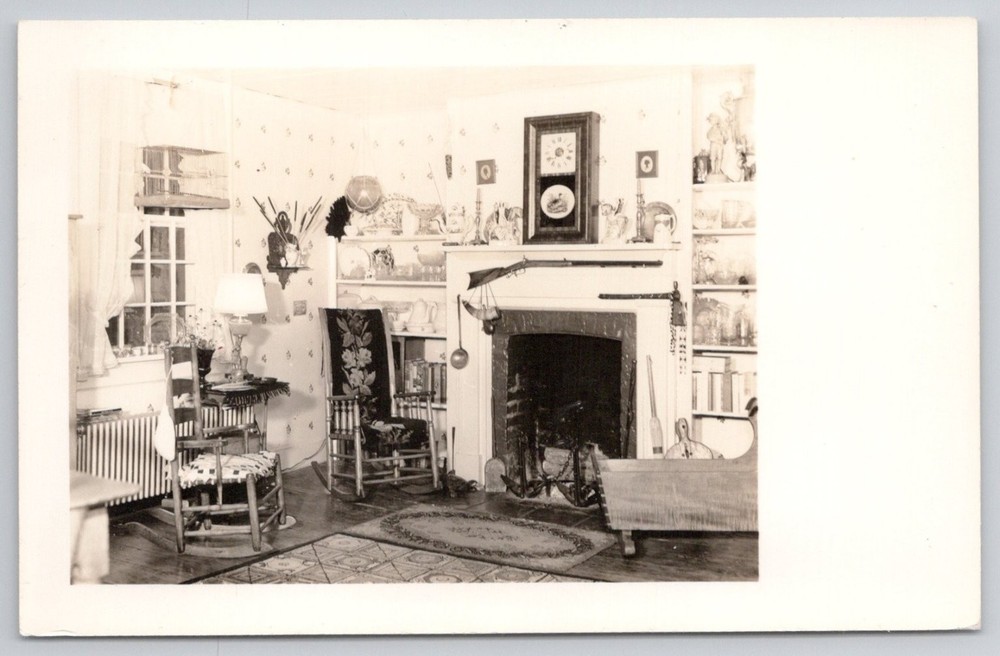 Vintage RPPC Old Colonial Home Interior Fireplace Rifle Clock Display Postcard