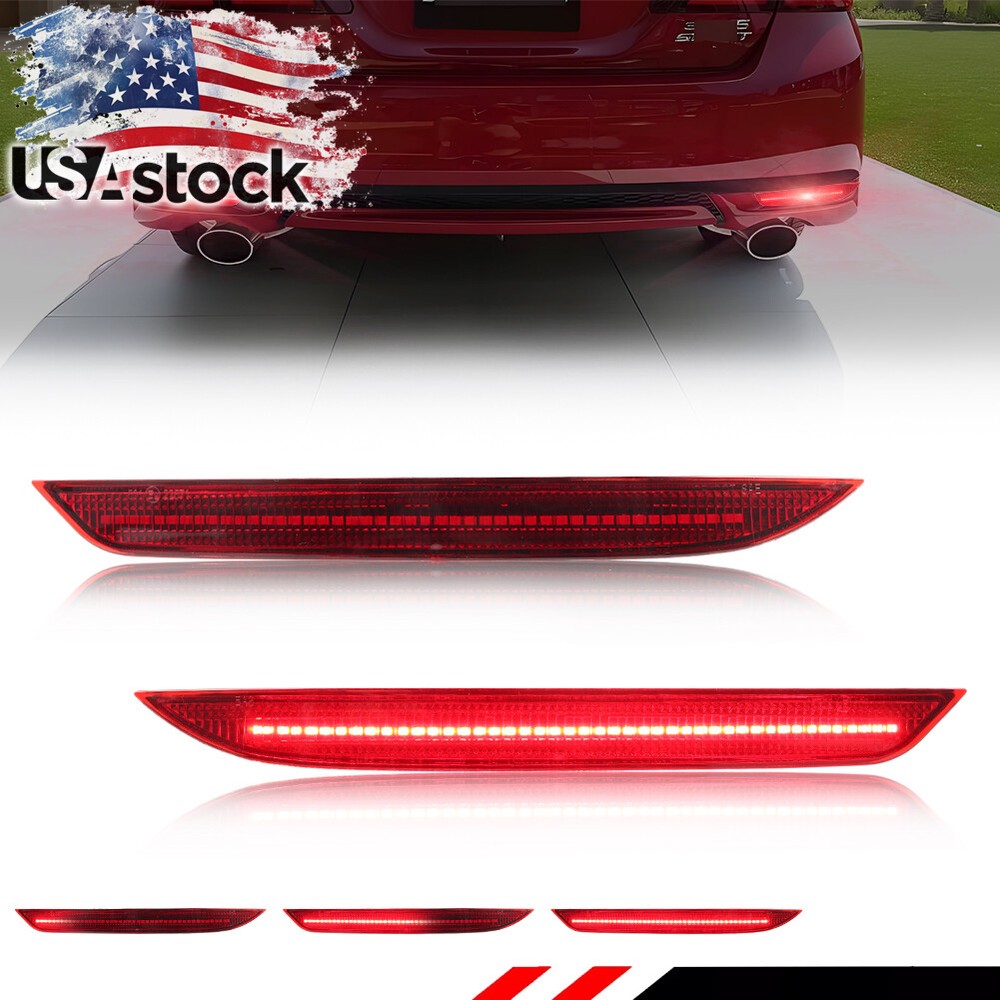 2X Rear Bumper Reflector Red LED Tail Brake Signal Lights For 16-17 Honda Accord