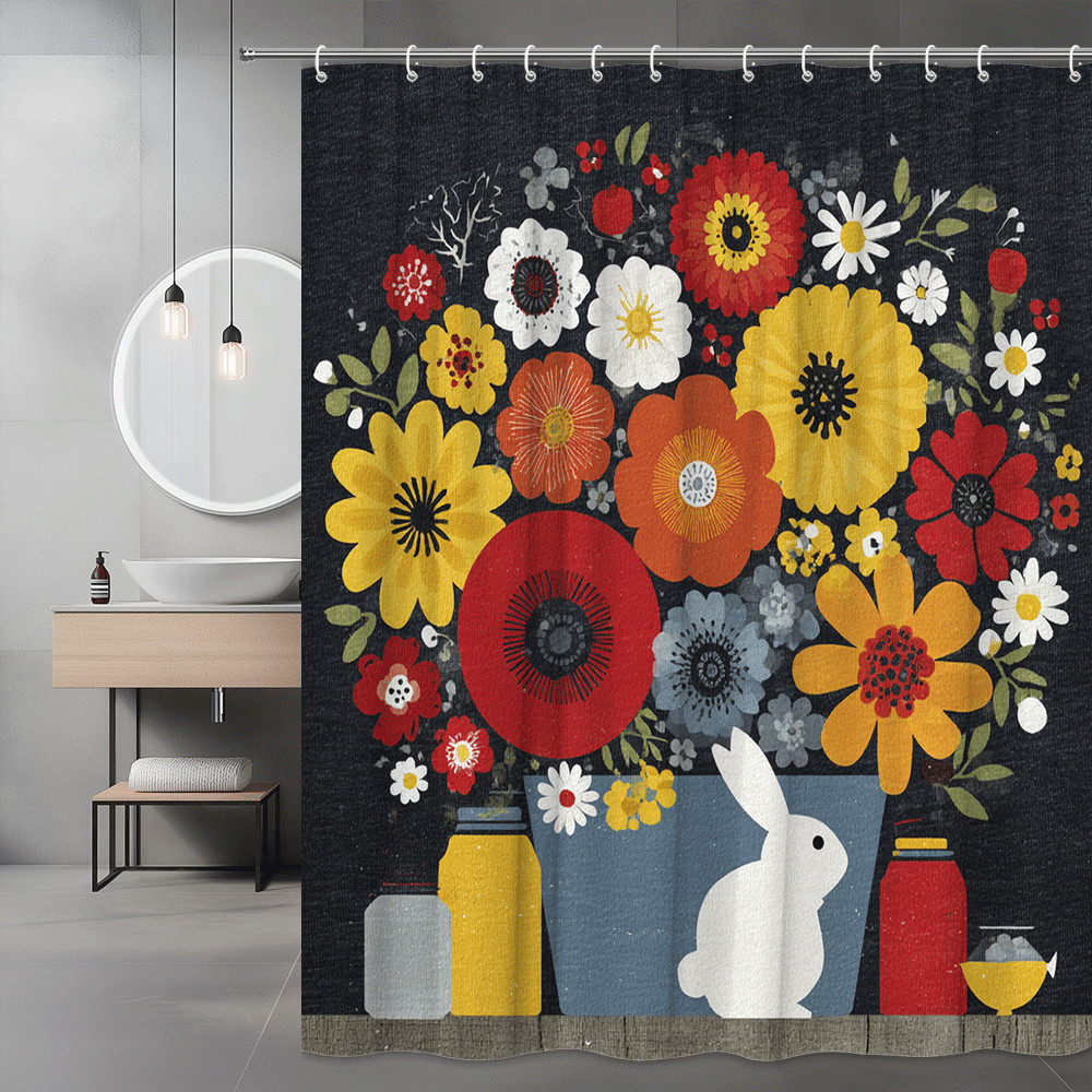 Floral Bunny Shower Curtain Black Background Folk Art Print