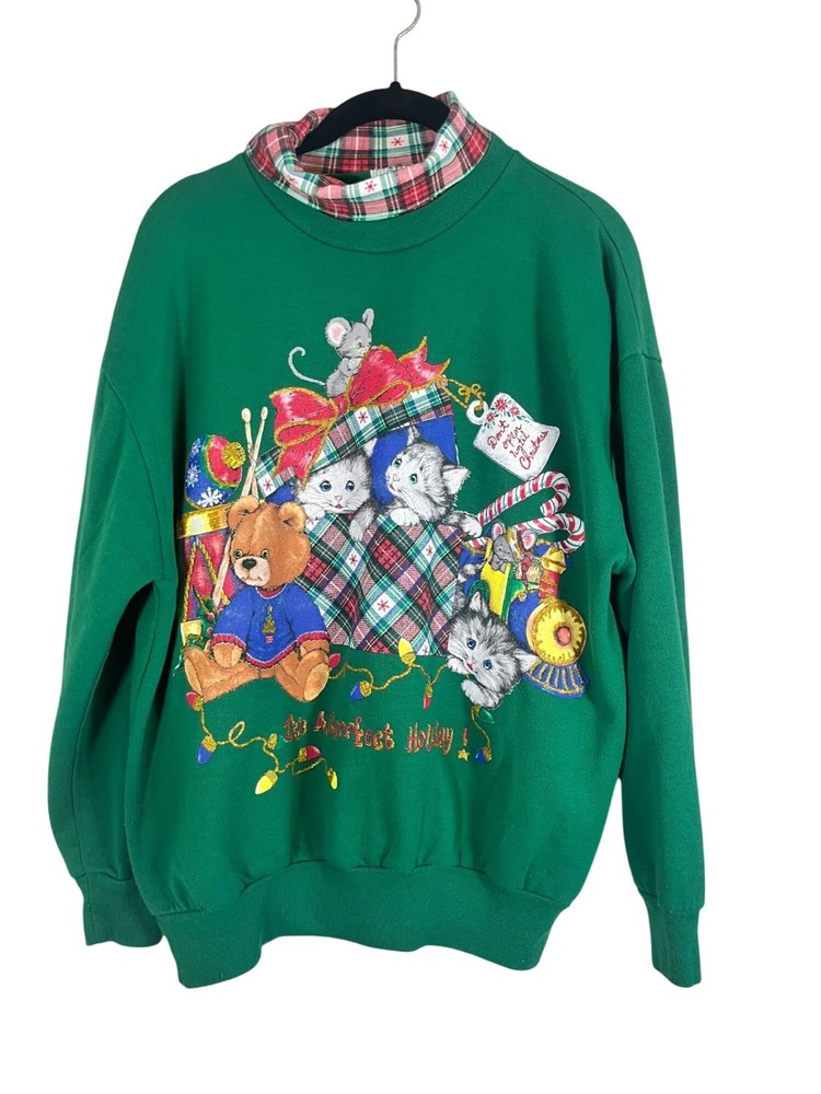 Vintage Christmas Sweatshirt Green L Plaid Festive Classic Holiday Preppy 80s