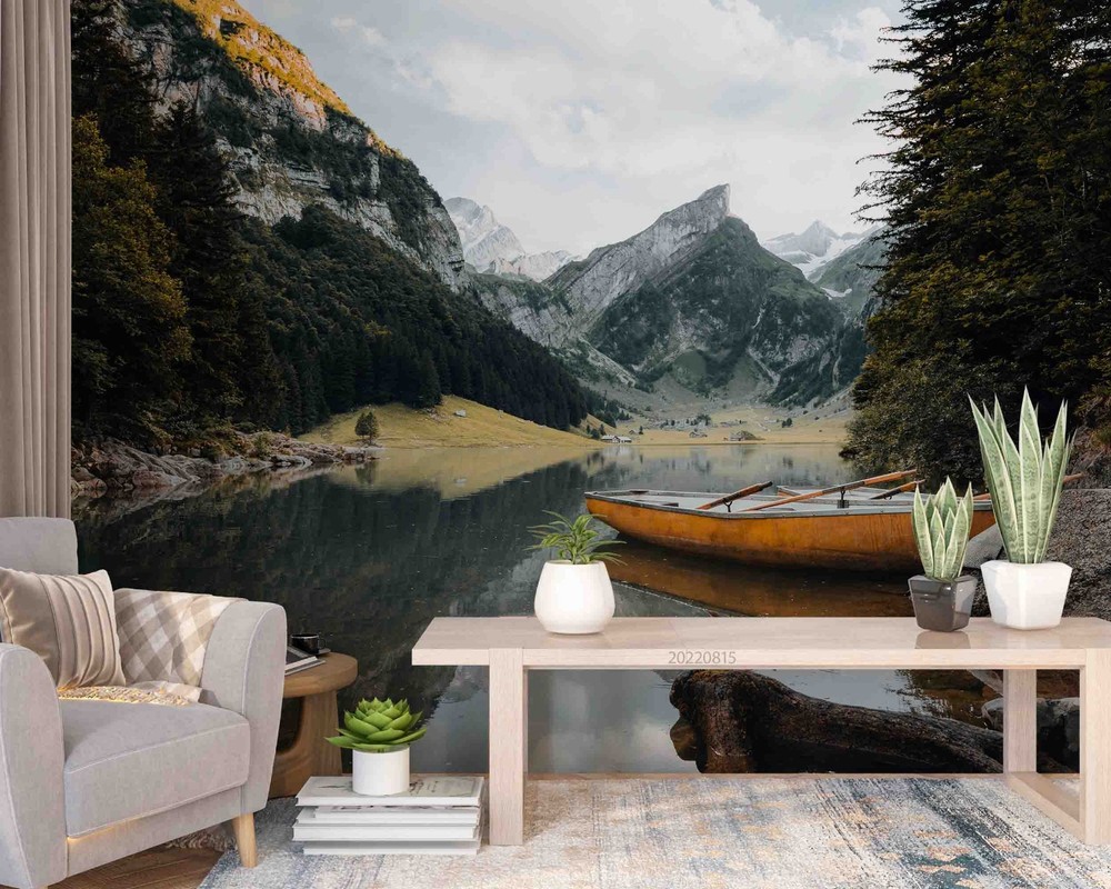 3D Mountain River Boat Landscape Wall Murals Wallpaper Murals Wall Sticker