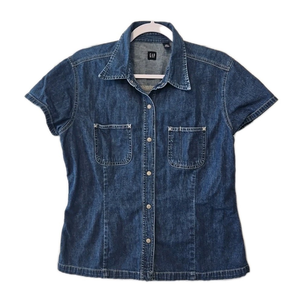 Vintage Gap Womens Blue Denim Size S 100% Cotton Cap Sleeve Snap Closure Shirt