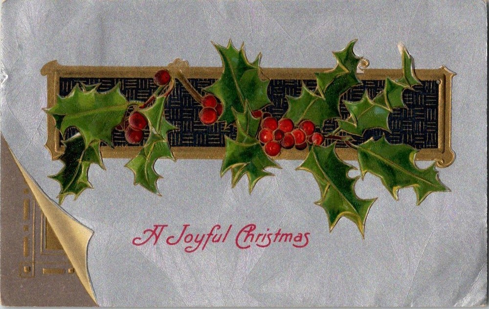Vintage Embossed Christmas Postcard Holly Berries Gold Accent 1910 Posted-image