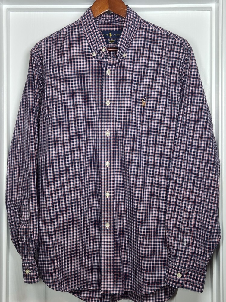 Ralph Lauren Shirt Mens L Flesh Pony Red Blue Plaid Stretch Long Sleeve