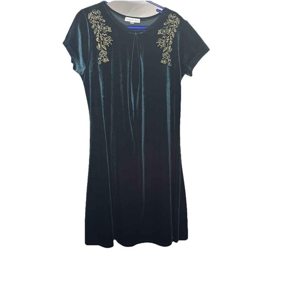 Green Velvet Holiday Girls Dress Size 12 with Gold Floral Shoulder Embroidery