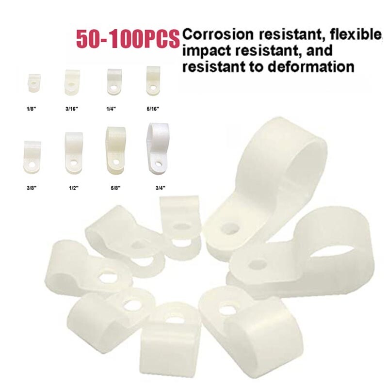 R-Type Battery Cable Clamps Pack Nylon White Hose Wire P Clips Electric 100 Pcs