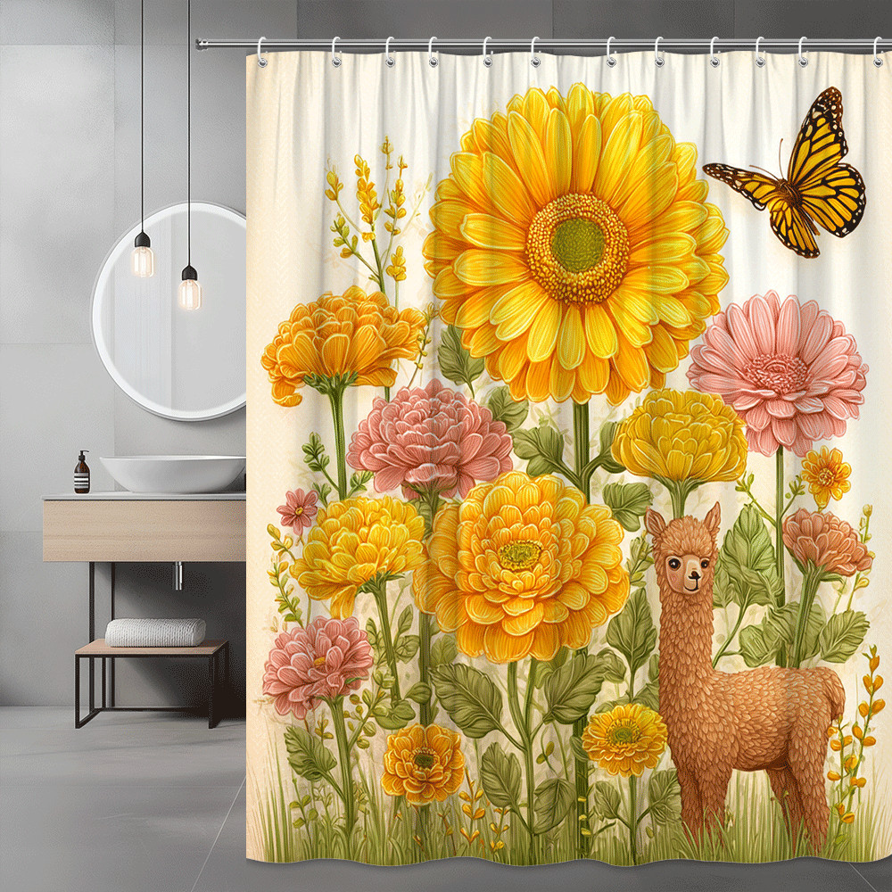 Llama and Floral Shower Curtain, Yellow Pink Flowers Print
