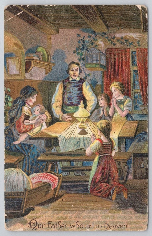 Our Father Who Art in Heaven Religious Family Prayer Vintage Postcard