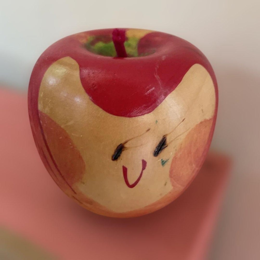 Kokeshi Wooden Apple Doll Red Yellow Gradient Art Decor Face 5in New