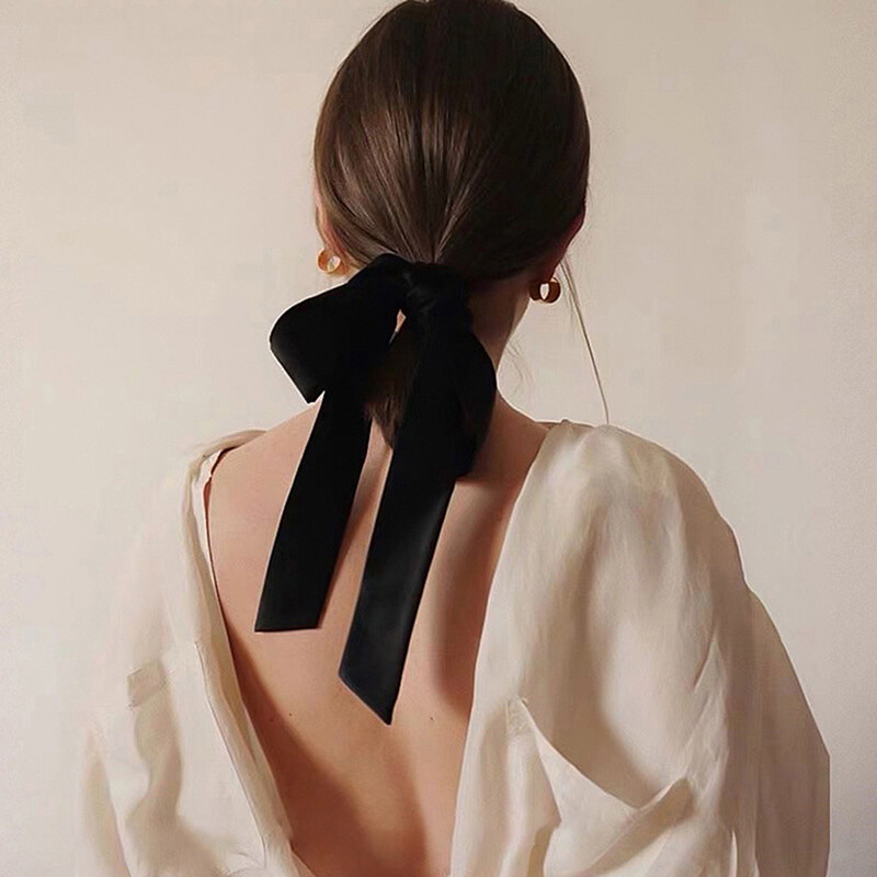 Black Velvet Bow Hair Ribbon Scrunchie for Women Girls Elastic Hair Tie