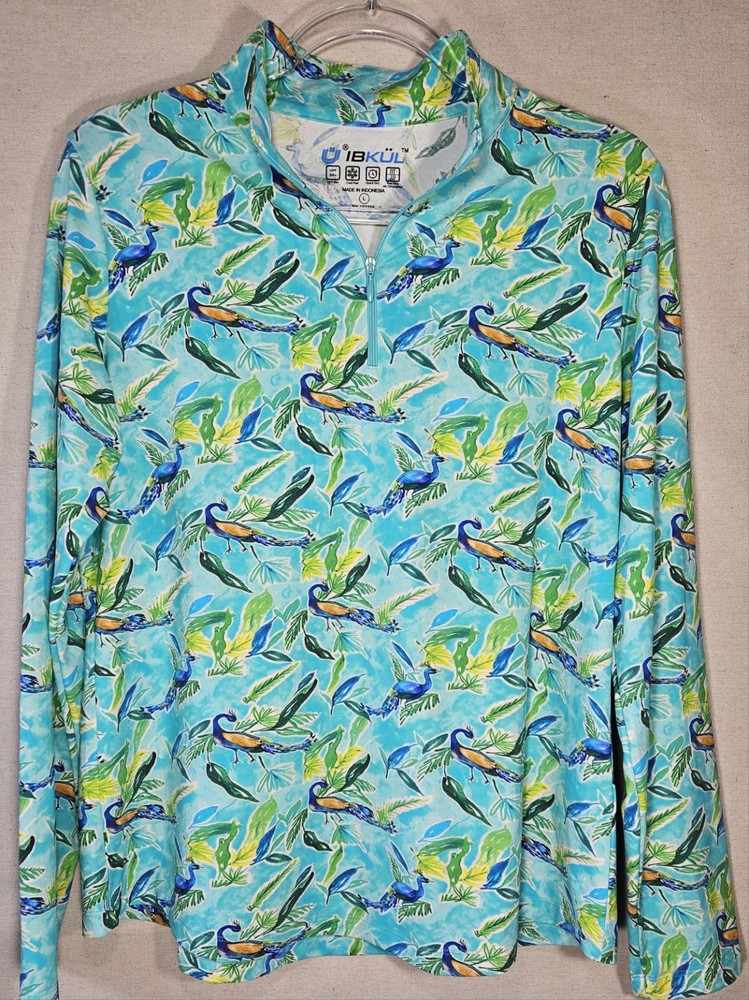 IBKUL Women's Large Long Sleeve Mock Neck 1/4 Zip Teal Peacock Golf Shirt UPF 50