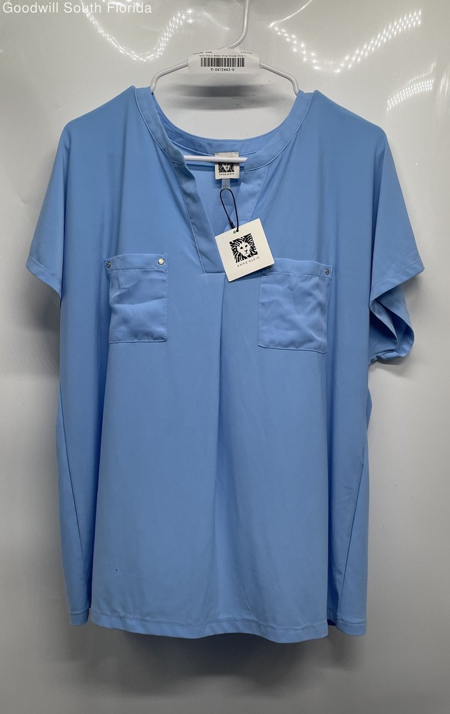 Anne Klein Womens Blue Short Sleeve Split Neck Pullover Blouse Top Size L W/ Tag